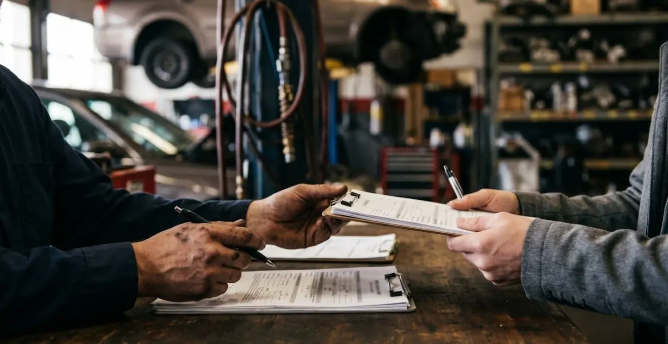 Gros plan sur un ordre de réparation détaillé dans un garage professionnel