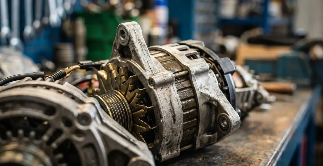 Vue macro de pièces automobiles reconditionnées sur établi d'atelier avec outils professionnels
