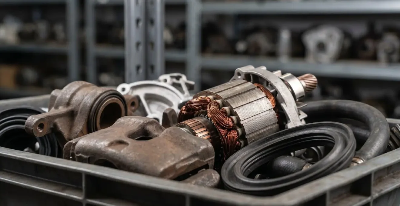 Vue macro de pièces automobiles recyclées propres et organisées dans un centre VHU moderne