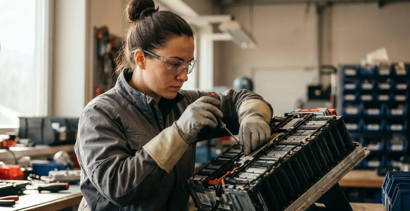 Technicien spécialisé travaillant sur un module de batterie de véhicule électrique dans un atelier équipé