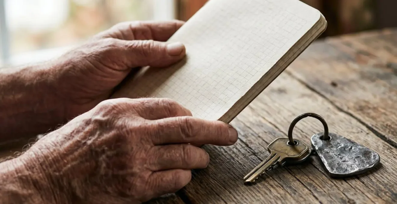 Gros plan sur mains tenant carnet de suivi avec clés de véhicule utilitaire posées sur table en bois
