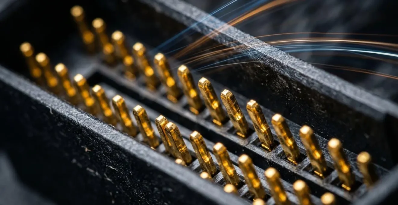 Vue macro d'un connecteur OBD2 doré avec des reflets lumineux abstraits symbolisant un flux de données complexe.