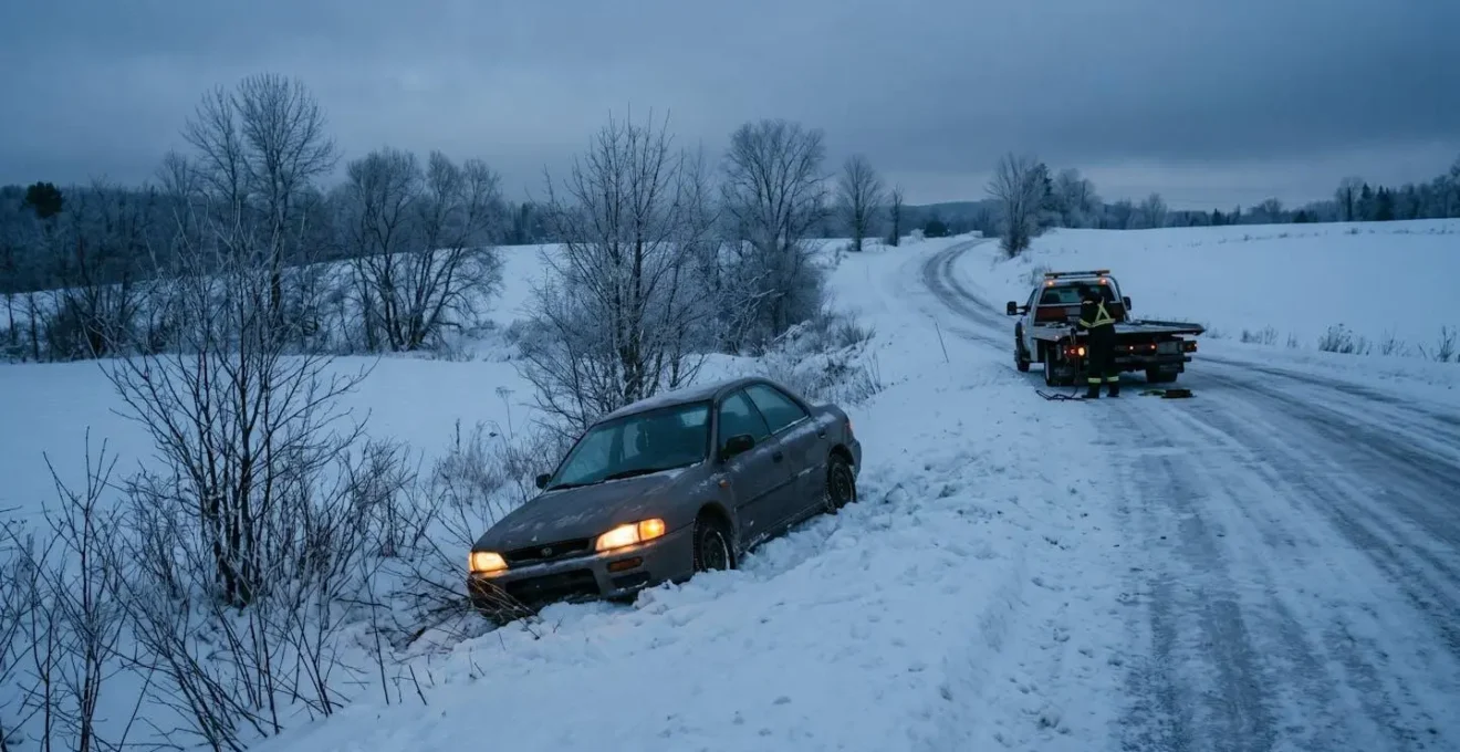 Voiture immobilisée sur une route verglacée avec dépanneuse en arrière-plan