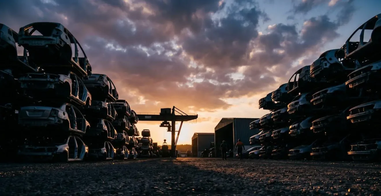 Centre de recyclage automobile avec véhicules hors d'usage empilés